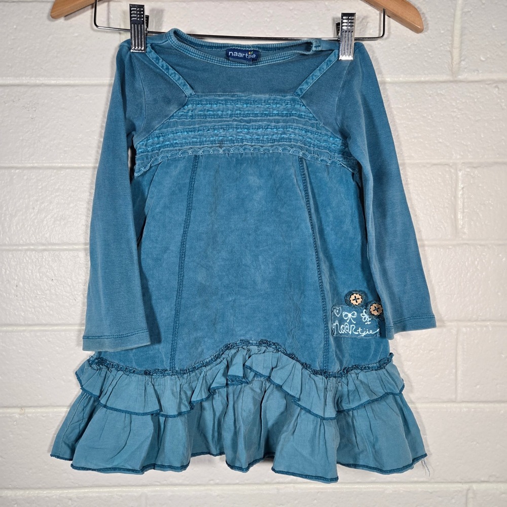 Naartjie Corduroy Ruffle Dress Girls 4T Teal Blue Embroidered Long Sleeve Boho